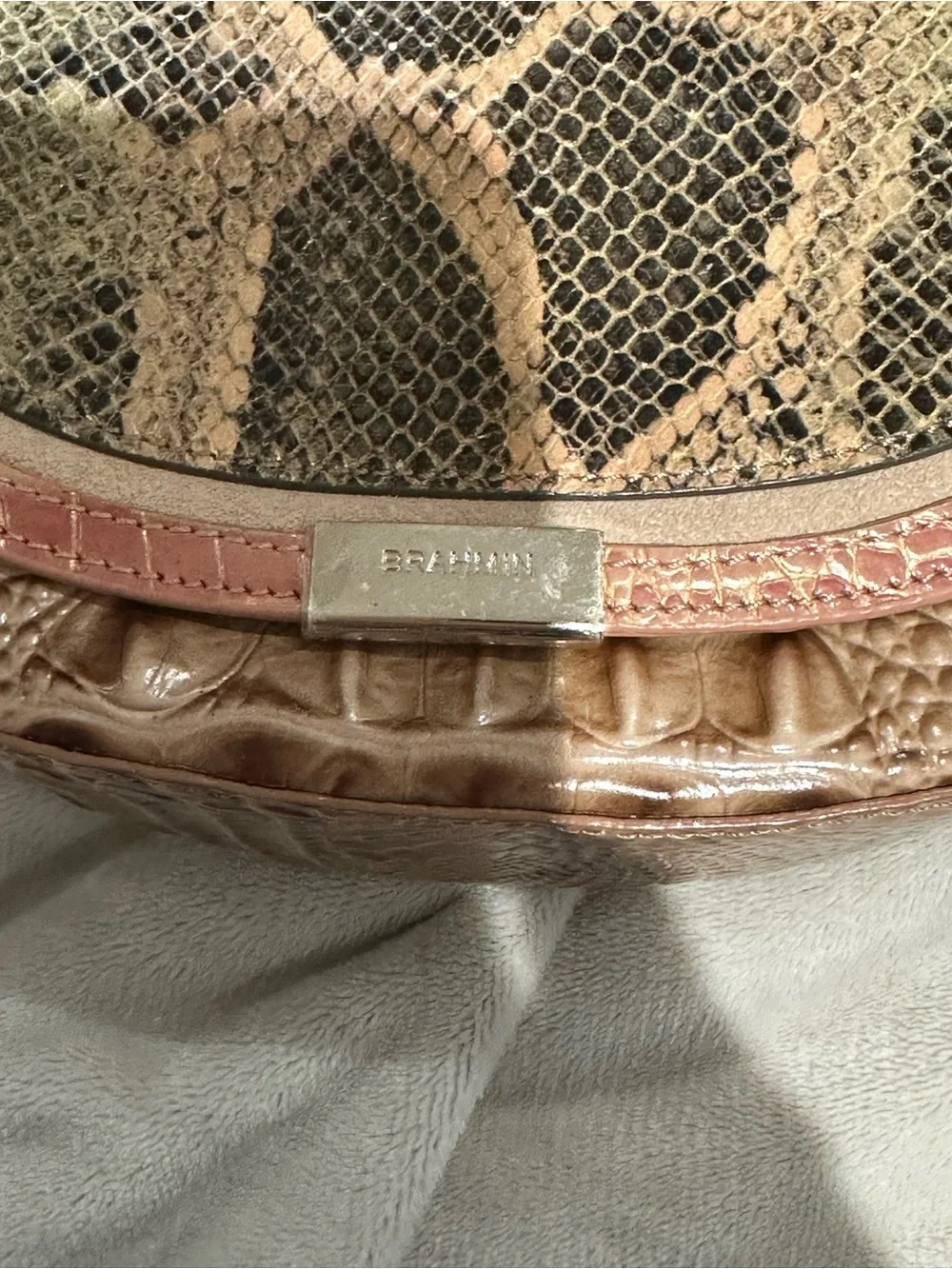 Brahmin Taupe Croc-Textured Crossbody with Snakeskin Flap
